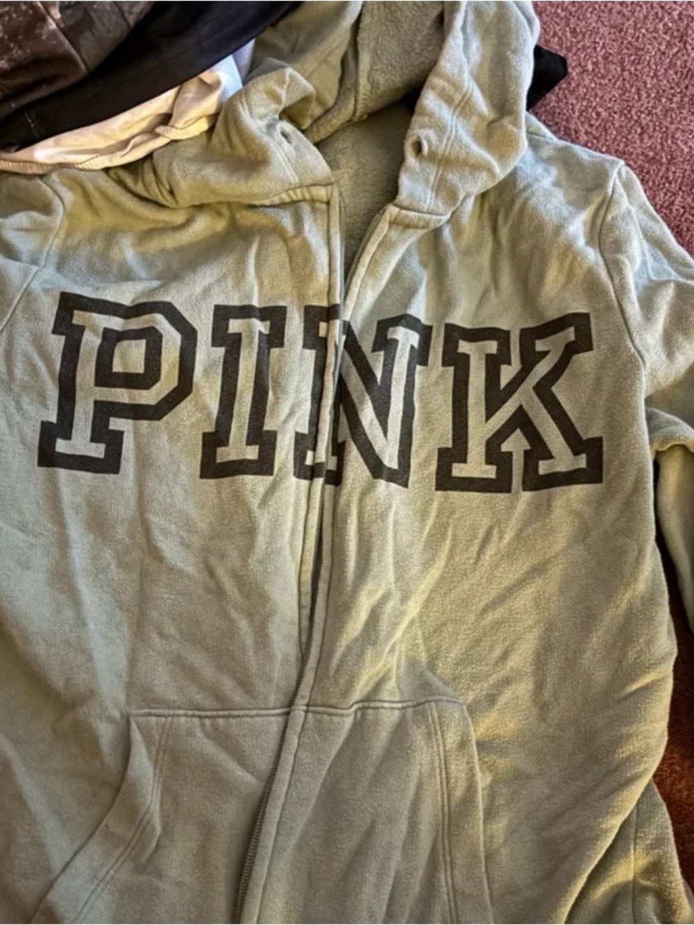 PINK Victoria's Secret Womens Sage Green Hooded Zip Jacket with Black Logo